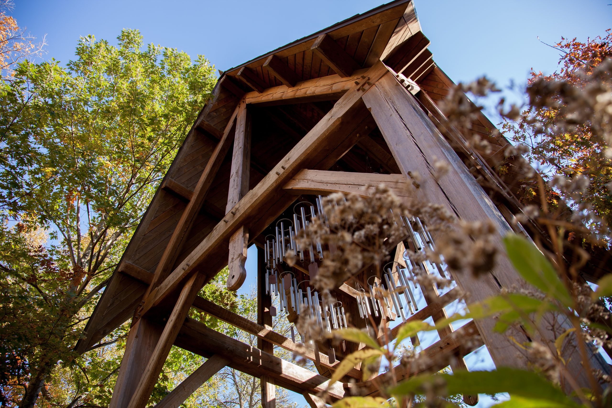 Looking upward at the hanging wind chimes