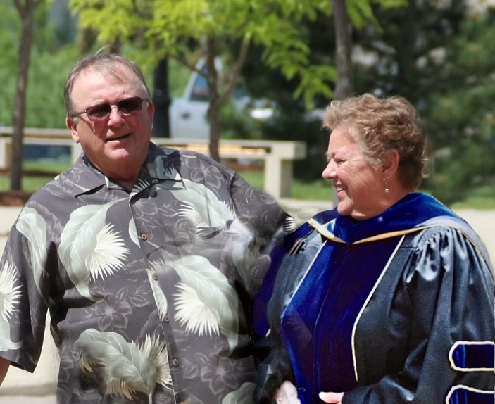 Richard Rose '72 and Cheryl Rose Jacobsen '69 after the 2015 commencement ceremony at Loras College, marking Jacobsen's retirement from 14 years as the provost and academic dean of the college.