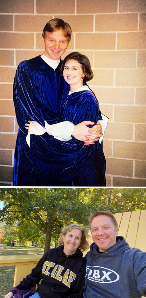 Brook Jacobsen '99 and Jennifer Kenyon Jacobsen '99 robed for a performance with the St. Olaf Choir as students, and again on campus for Homecoming and Family Weekend in 2024.