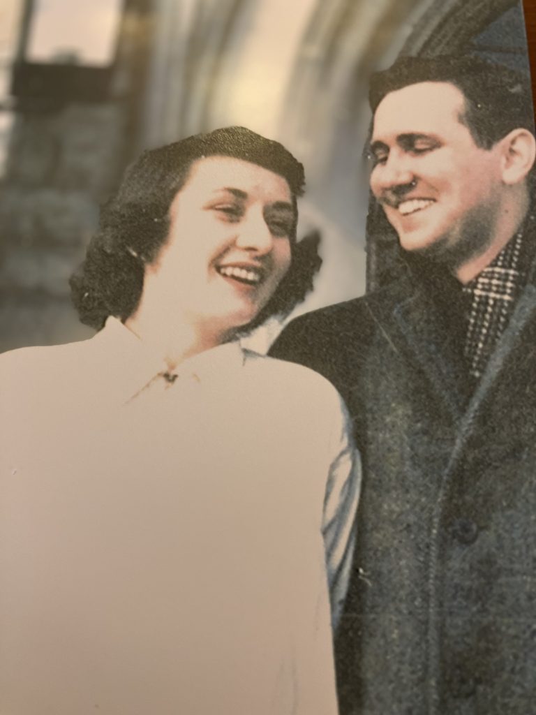 Dick Ensrud ’48 and Nathalie Peterson Ensrud ’49 on the steps of Rølvaag Memorial Library in the winter of 1948.