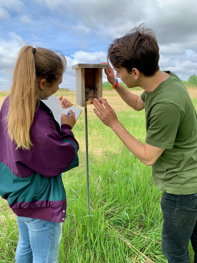 Megan Kartheiser '22 (left) and David Howard '21 (right) check on bluebird houses in the Natural Lands prairie in the summer of 2019.